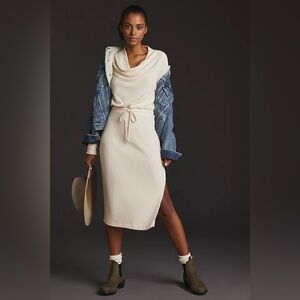 Daily Practice Anthropologie Cream Ribbed Cowl Neck Midi Dress